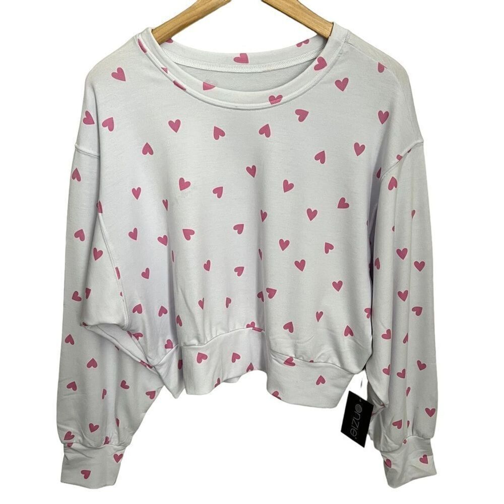 NWT ONZIE Bella Pink Hearts Pullover Sweatshirt M/L White Cropped Sleep Top